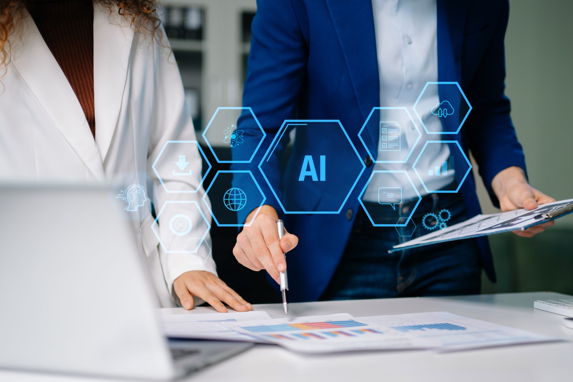 AI Artificial Intelligence. Business team using AI technology for data analysis, coding computer language. Chat bot