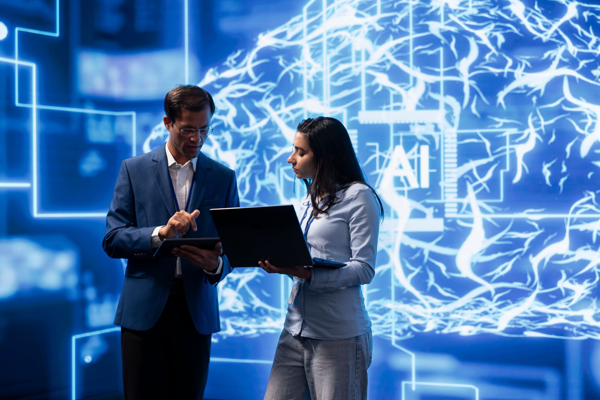 Colleagues using AI neural networks modeled after human brain, brainstorming