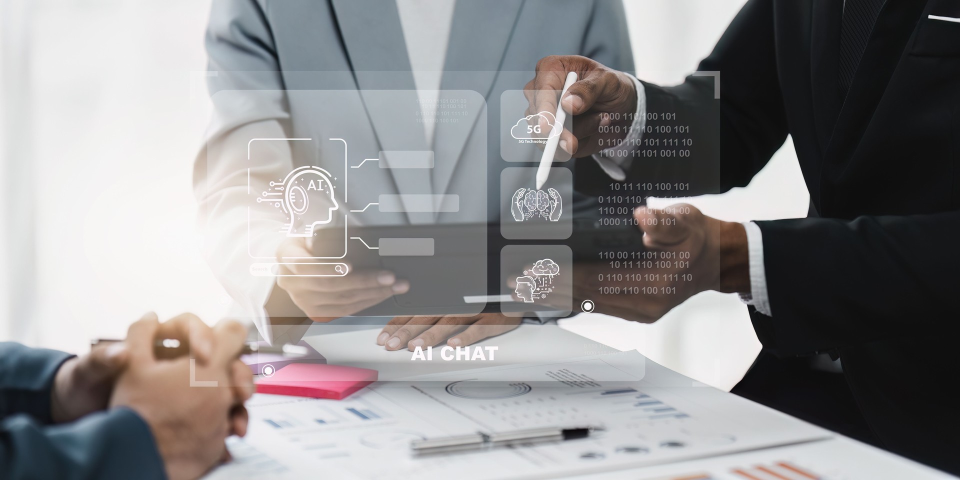 Chatbot Chat with AI, Artificial Intelligence. Business people using technology smart robot AI. Futuristic technology transformation, finance, teamwork, Big data Graphs Charts concept