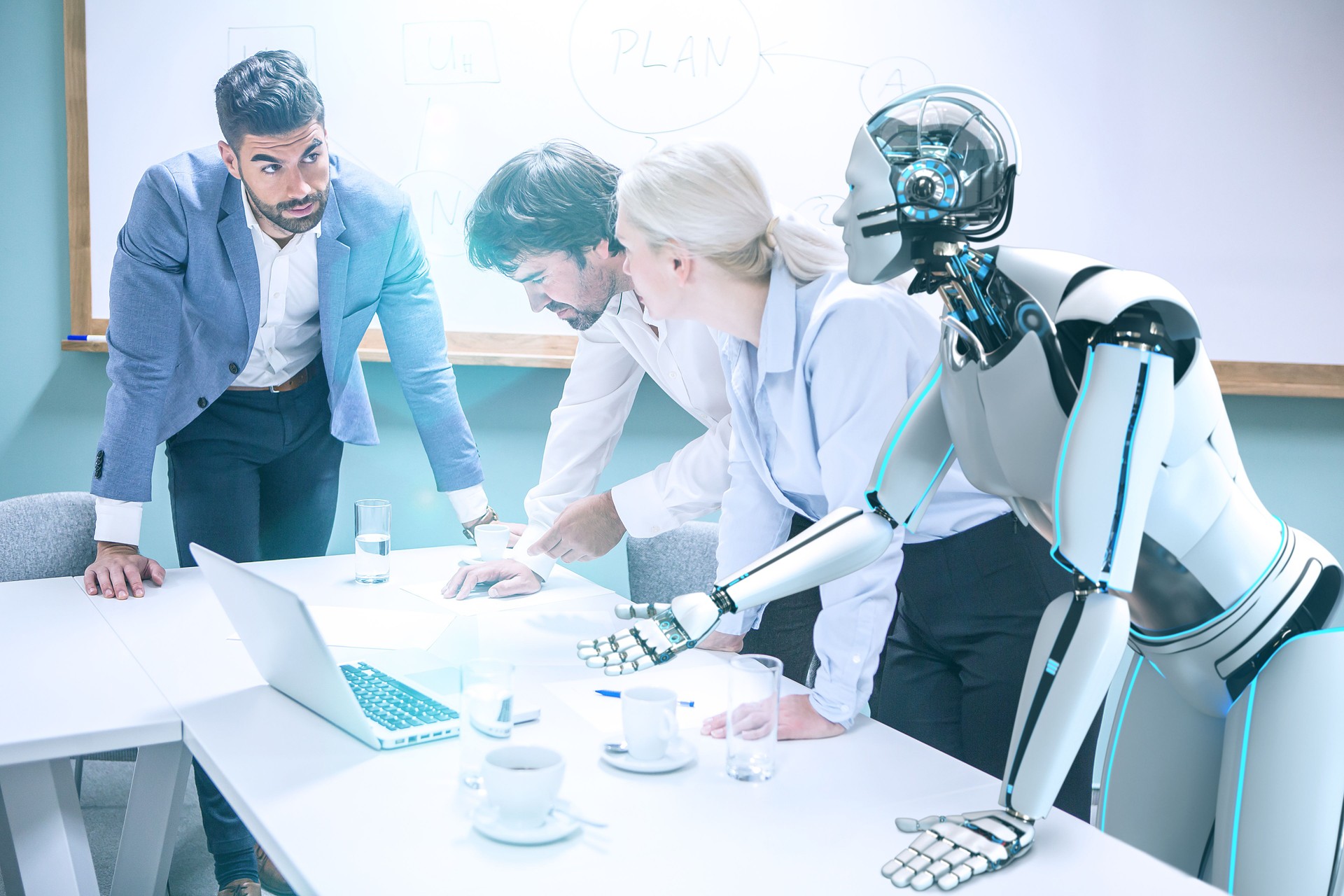 Businessmen with humanoid robot working